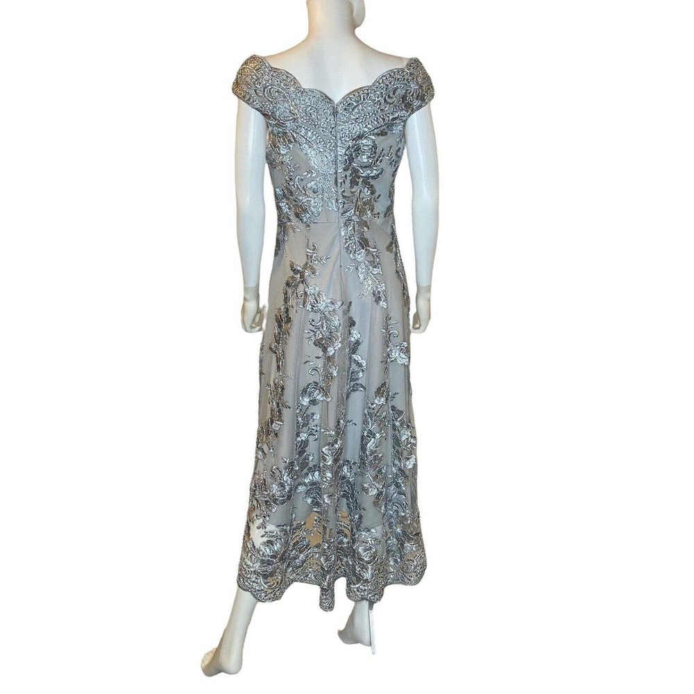 Quiz Gray Embroidered Scallop Neck Dip Hem Dress US 8 UK 12 NWT Org $170 - Picture 4 of 10